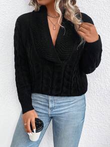 SHEIN Unity 大碼麻花編織插肩袖套頭毛衣 - 黑色 - 查看 6