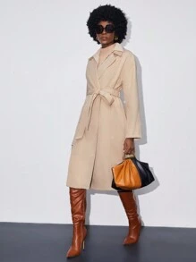 BizChic Lapel Neck Belted Split Thigh Overcoat