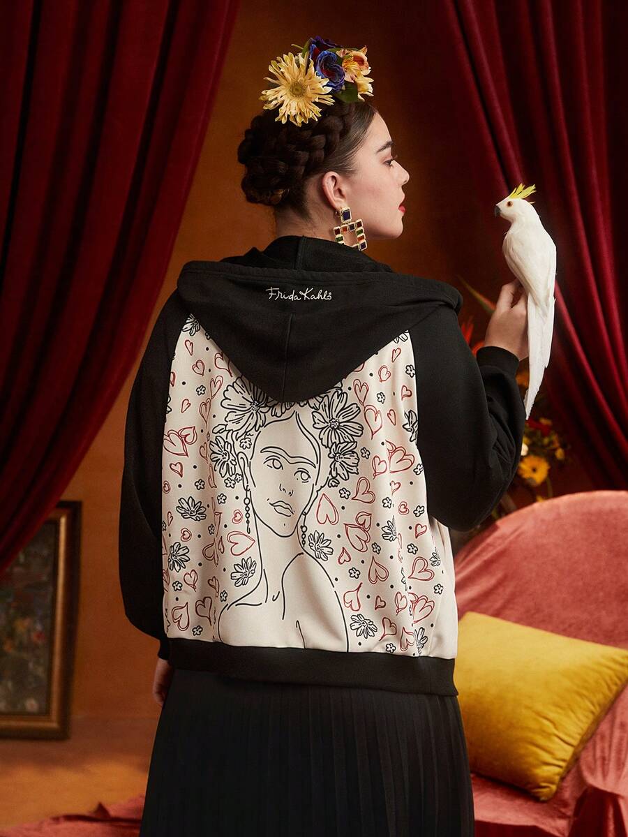 Frida Kahlo X SHEIN 加大码 1 件装人像图案拉链卫衣 - 彩色 - 查看 1