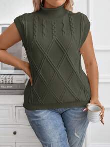 SHEIN Unity Plus Cable Knit Mock Neck Sweater Vest - Army Green - View 4
