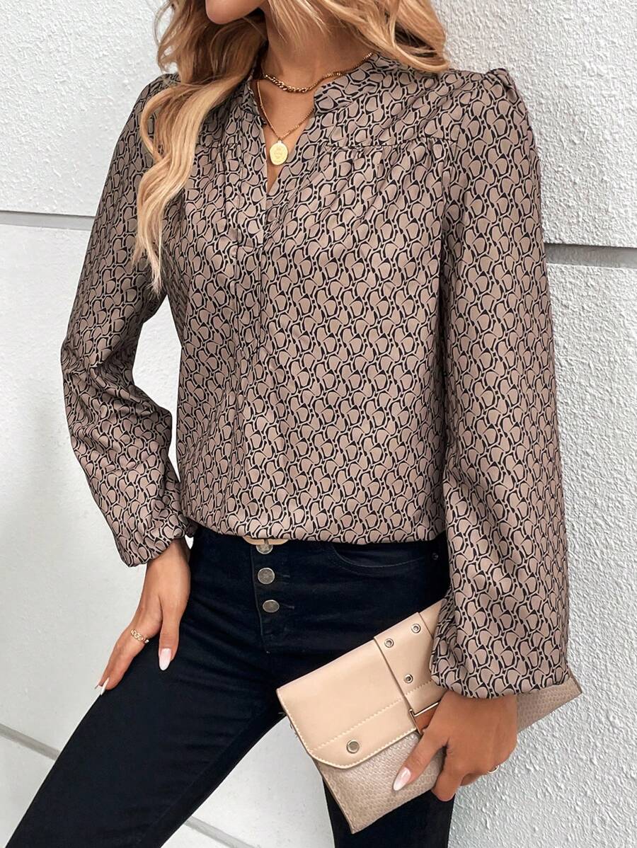 EMERY ROSE Allover Print Notched Neckline Lantern Sleeve Blouse - Coffee Brown - View 1