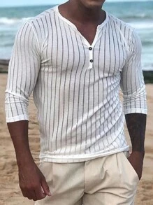 Men Striped Print Half Button Tee - White - View 1