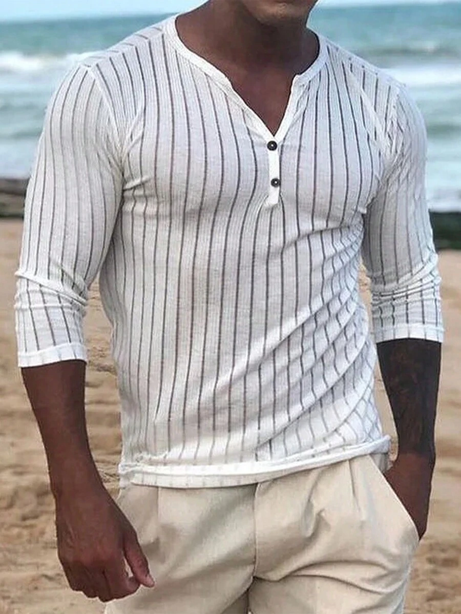 Men Striped Print Half Button Tee - White - View 1