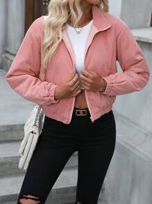 SHEIN LUNE Zip Up Corduroy Padded Coat - Pink - View 2