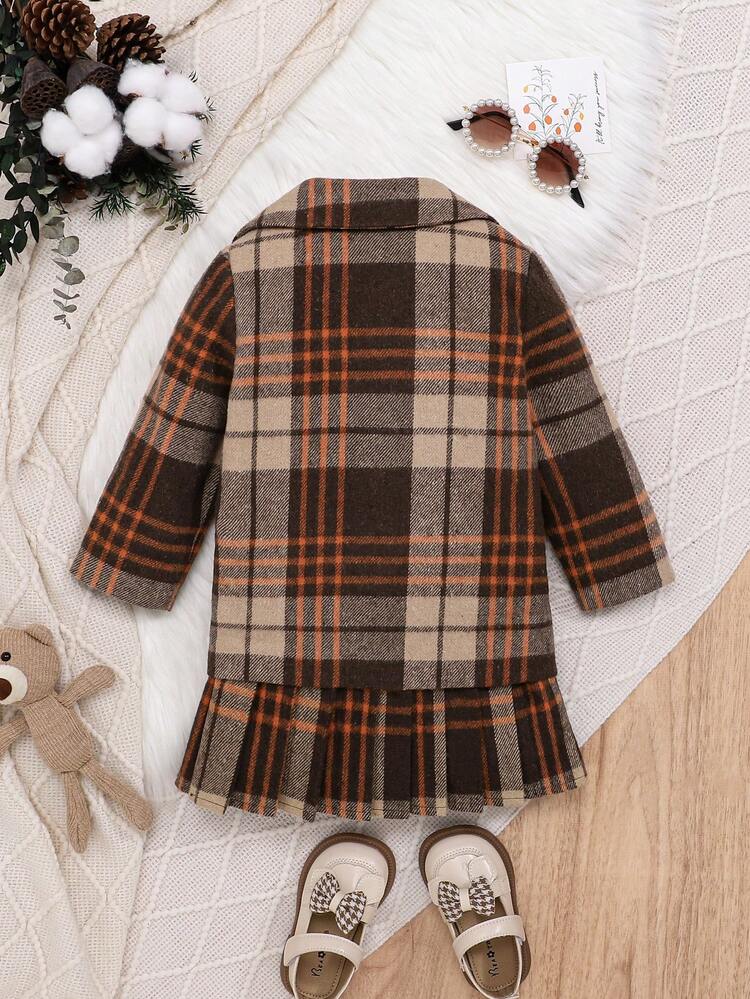 Baby Girl Plaid Print Lapel Neck Coat & Pleated Hem Skirt Without Sweater