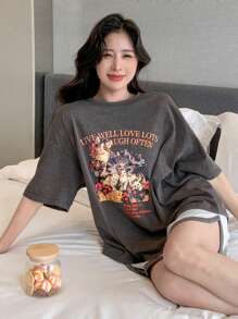 DAZY 字母图案落肩T恤和撞色绑带短裤睡衣 - 灰色 - 查看 3