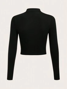 SHEIN BASICS Camiseta corta delgada unicolor de cuello alto - Negro - Ver 2