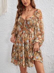 SHEIN VCAY Vestido con estampado floral con nudo delantero de manga farol
