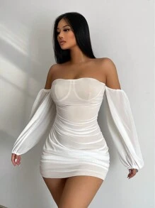 VaVaBold 秋冬装露肩百褶半身性感修身迷你连衣裙 - 白色 - 查看 8