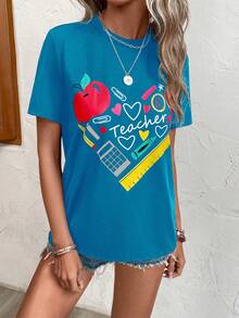 SHEIN LUNE Áo thun nữ Tim Lá thư Giải trí - Màu xanh lam - Xem 6