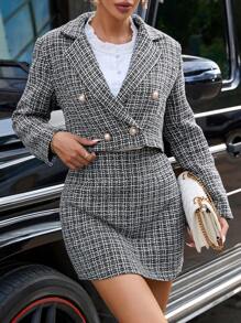 SHEIN Privé Plaid Pattern Double Breasted Tweed Blazer & Skirt - Multicolor - View 4