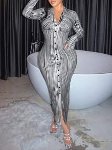 SHEIN SXY Striped Print Button Front Bodycon Dress - Black and White - View 4