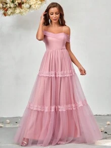 SHEIN Belle Váy lưới trễ vai - Hồng - Xem 3