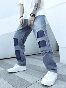 Manfinity EMRG Men Contrast Panel Ripped Straight Leg Jeans