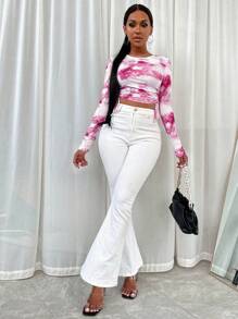 Zolique Tie Dye Drawstring Side Crop Tee Graphic Tees Women Tops - Hot Pink - View 5