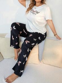 Plus Butterfly Print Tee & Pants PJ Set / Pajama Set - Multicolor - View 1