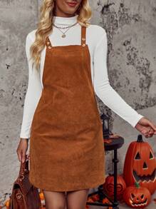 SHEIN LUNE Solid Overall Dress Without Tee - Coffee Brown - View 3