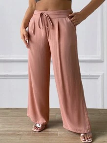 SHEIN LUNE Plus Tie Front Wide Leg Trousers - Pink - View 5