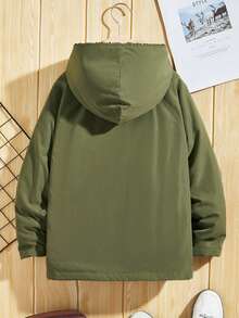 SHEIN 男大童1入組字母補丁細節翻蓋口袋毛絨內襯連帽外套 - 軍綠色 - 查看 2