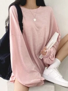 DAZY Solid Drop Shoulder Oversized Tee - Pink - View 1