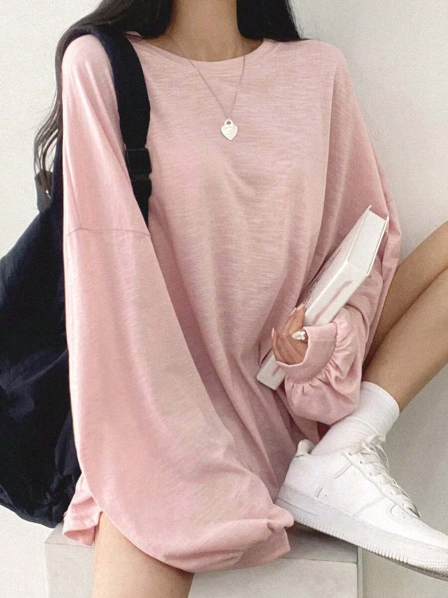 DAZY Solid Drop Shoulder Oversized Tee - Pink - View 1