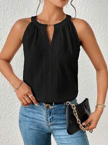 SHEIN Essnce 素色鎖眼領襯衫 - 黑色 - 查看 3