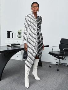 BizChic 條紋印花不對稱下擺腰帶襯衫洋裝