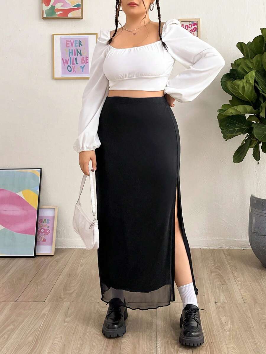 SHEIN EZwear Hơn Tách đùi Lớp phủ lưới Váy - màu đen - Xem 1