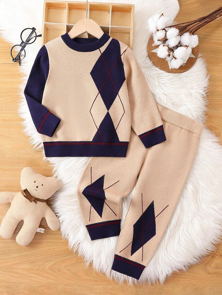 Young Boy Argyle Pattern Sweater & Knit Pants - Multicolor - View 1