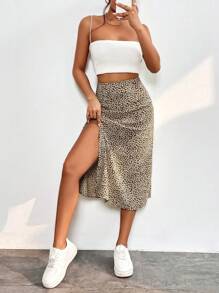 SHEIN PETITE 碎花高衩半身裙 - 卡其色 - 查看 3