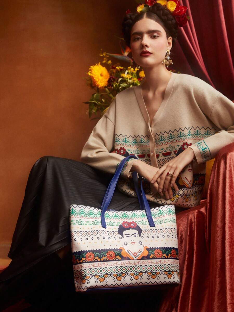 Frida Kahlo X SHEIN 時尚幾何樣式托特包 - 彩色 - 查看 1