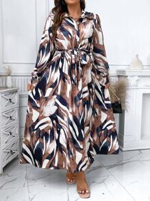 Breezaya Plus Allover Print Lantern Sleeve Belted Shirt Dress - Multicolor - View 4
