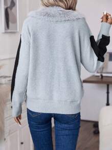 SHEIN LUNE Hai âm Trang trí Fuzzy Thả vai Áo len Mở - Xám - Xem 2