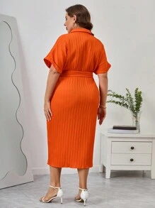 SHEIN Privé Talla grande Vestido camisero fruncido con botón delantero con cinturón - Naranja - Ver 2