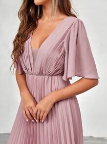 SHEIN Belle Plunging Neck Split Sleeve Pleated Hem Bridesmaid Dress Wedding Guest Dress Women