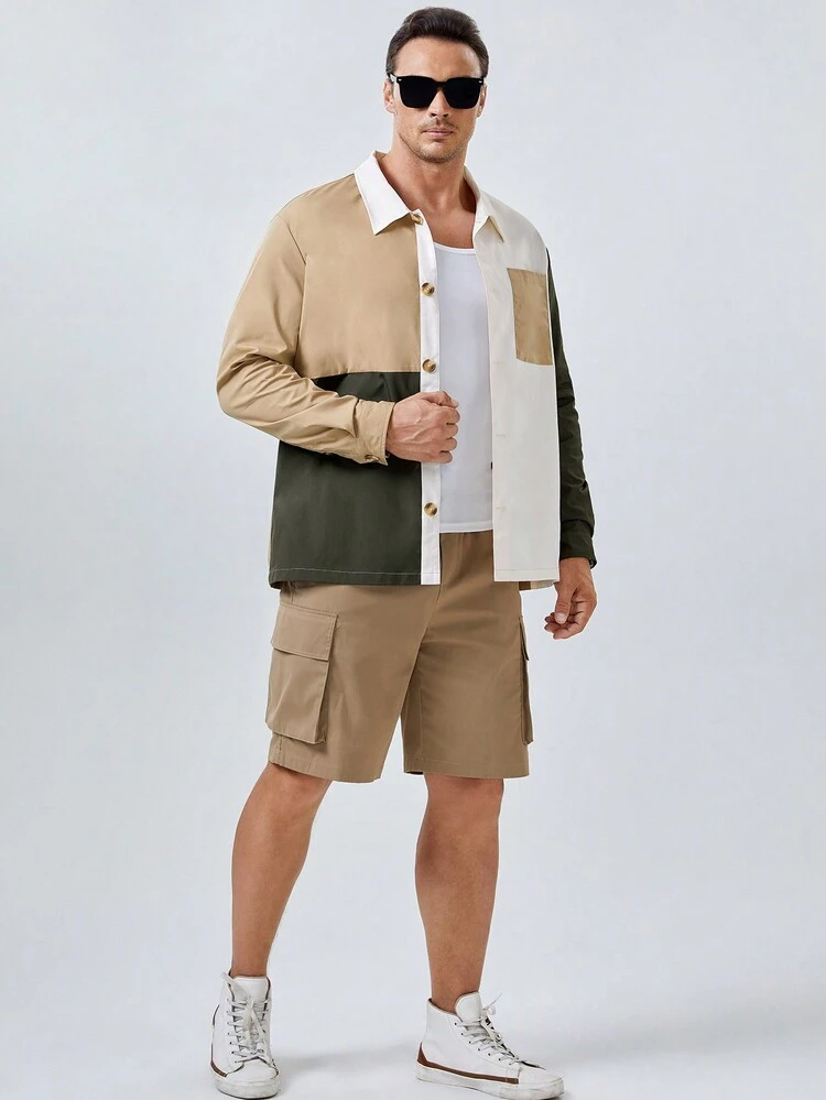 Men Plus Color Block Patched Pocket Button Front Jacket, For Fall Winter