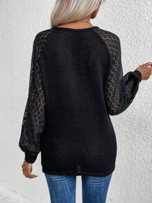 SHEIN LUNE 撞色蕾絲插肩袖T恤 - 黑色 - 查看 2