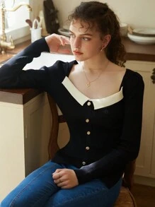SHEIN Unity 黑色修身长袖针织毛衣，春夏秋冬针织套头衫 - 黑色 - 查看 8