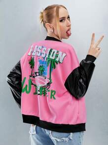 SHEIN Unity Letter Graphic Drop Shoulder Two Tone Bomber Jacket - Pink - View 1