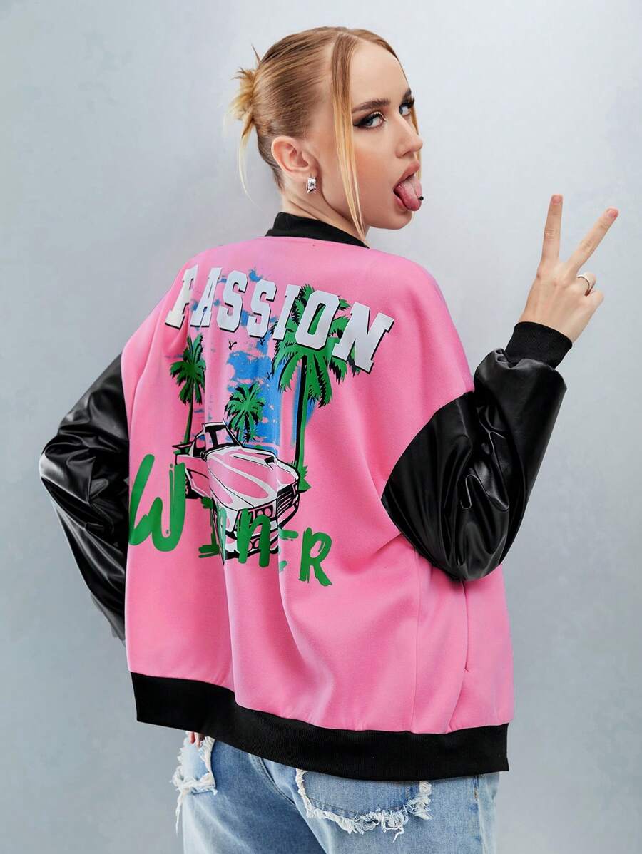 SHEIN Unity Letter Graphic Drop Shoulder Two Tone Bomber Jacket - Pink - View 1