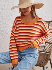 SHEIN VCAY Jersey con patrón de rayas de hombros caídos - Multicolor - Ver 1