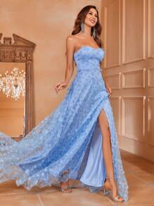 Strapless Sweetheart Neckline Evening Gown With High Slit & Floral Lace A-Line Skirt - Floor-Length Formal Dress For Gala Dinners, Red Carpet Events, Black-Tie Weddings, Opera Nights, And Luxury Charity Galas,Party Dress,Wedding Guest - Baby Blue - View 6