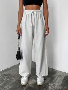 EURMUSE Solid Tie Waist Wide Leg Pants - Apricot - View 4