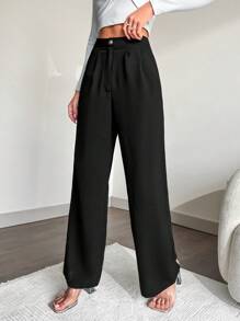 EURMUSE Solid Slant Pocket Straight Leg Suit Pants - Black - View 3