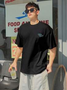 DAZY 男士纯棉字母和棕榈树印花落肩T恤，度假图案T恤 - 黑色 - 查看 4