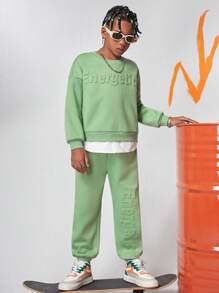 Tween Boys Casual College Style 3D English Text Embossed Patched Shirt Collar Faux Layers Sweatshirt With Knitted Pants Set, Thermal Lined, Thickened - Green - View 3