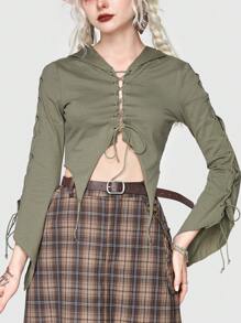 ROMWE Fairycore Chất rắn Thắt Mặt trước Mùa vụ áo có mũ Áo thun - xanh quân đội - Xem 2