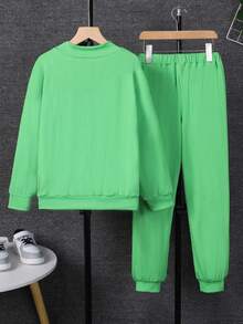 男大童字母補丁細節套頭衫和運動褲 - 綠色 - 查看 2