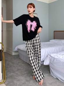 DAZY Bow Print Drop Shoulder Tee & Plaid Pants Lounge Set Pajama