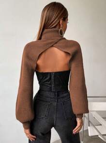 SHEIN Privé 高領超短版套頭毛衣不附抹胸 - 棕色 - 查看 2